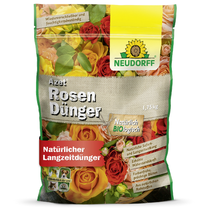 A 1.75 kg bag of Neudorff Shop Azet Rose Fertilizer, an organic, long-lasting rose fertilizer. The packaging shows blooming roses in the colors yellow, red, and orange, with natural quality labels.
