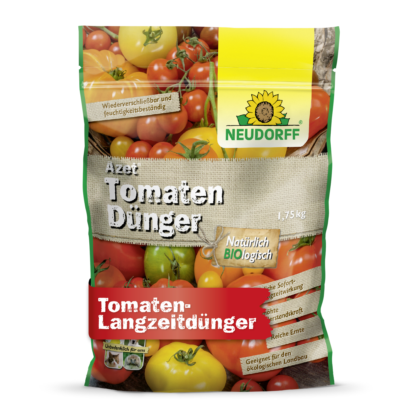 Azet Tomato Fertilizer from Neudorff Shop is a 1.75 kg organic tomato fertilizer, packaged with images of red and yellow tomatoes and green, yellow, and red German labels.