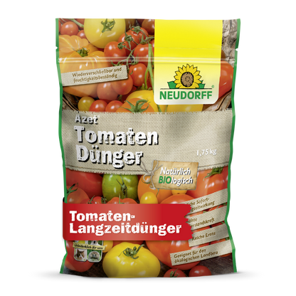 Azet Tomato Fertilizer from Neudorff Shop is a 1.75 kg organic tomato fertilizer, packaged with images of red and yellow tomatoes and green, yellow, and red German labels.