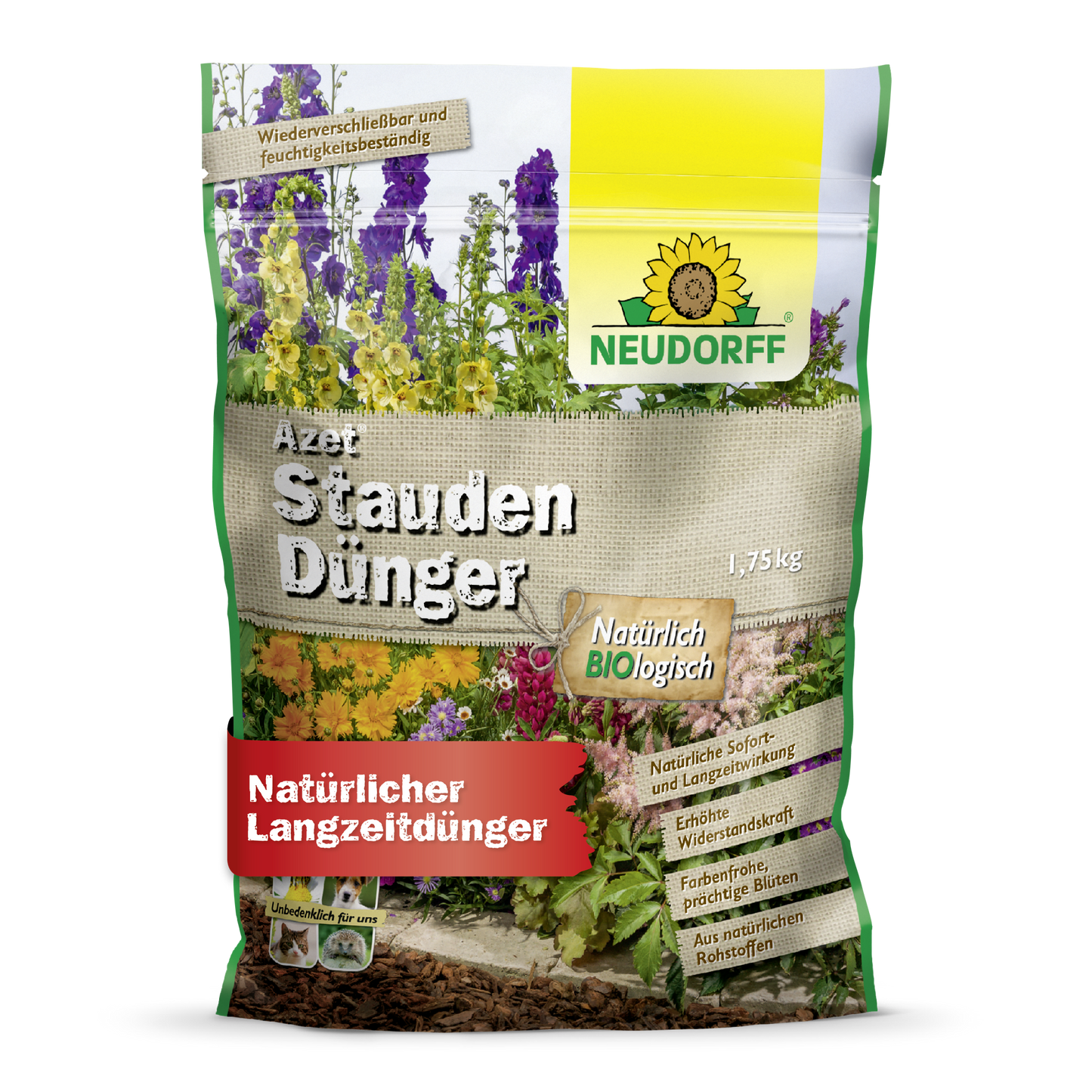 A 1.75 kg bag of Neudorff Shop Azet Perennial Fertilizer, an organic fertilizer for gardens and perennials, with colorful flowers and product details on the front.