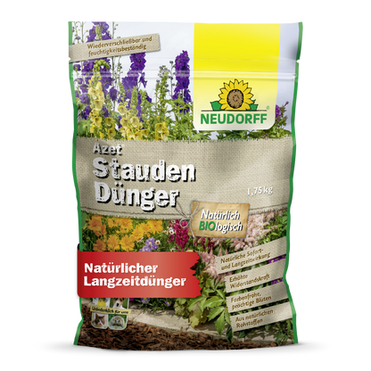 A 1.75 kg bag of Neudorff Shop Azet Perennial Fertilizer, an organic fertilizer for gardens and perennials, with colorful flowers and product details on the front.