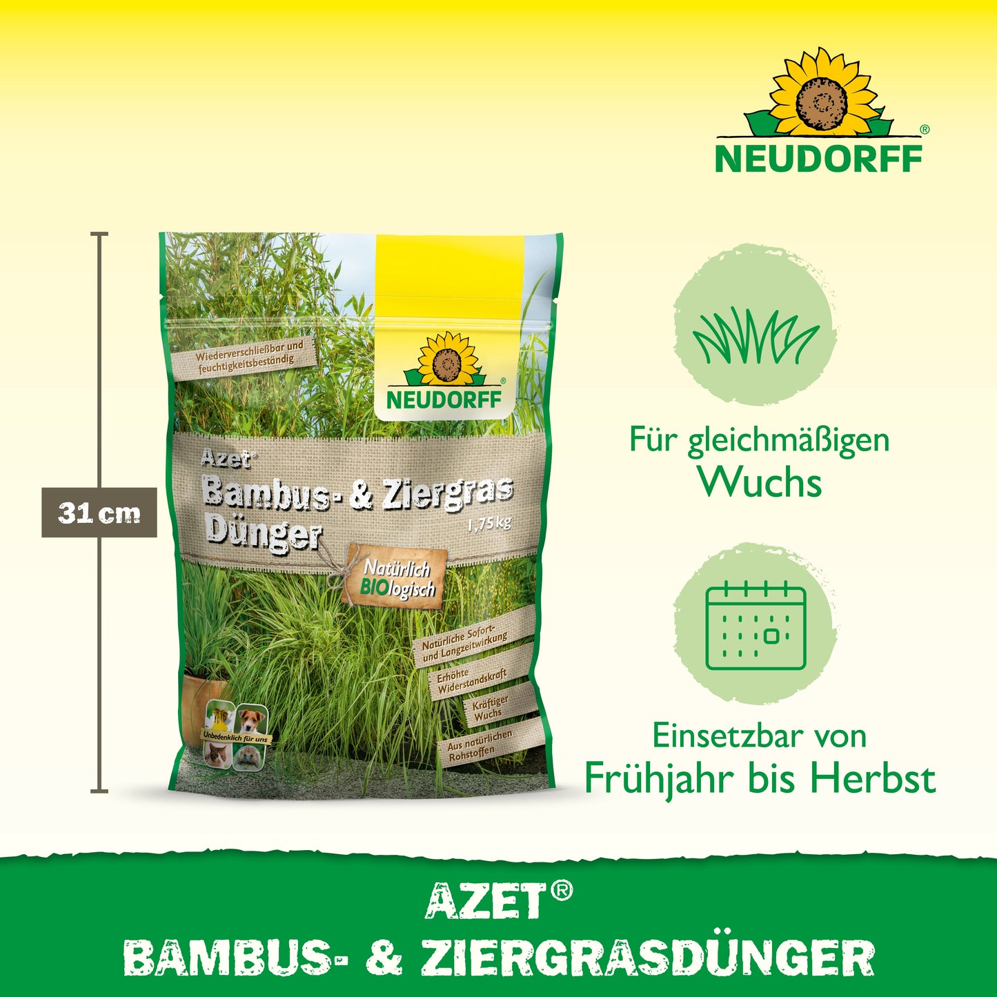 Abgebildet ist ein 1,75 kg, 31 cm großer Beutel Neudorff Shop Azet Bambus- & ZiergrasDünger, ideal für ein gesundes Bambus- und Ziergraswachstum vom Frühjahr bis zum Herbst, mit Bildern von pflegeleichten Pflanzen.