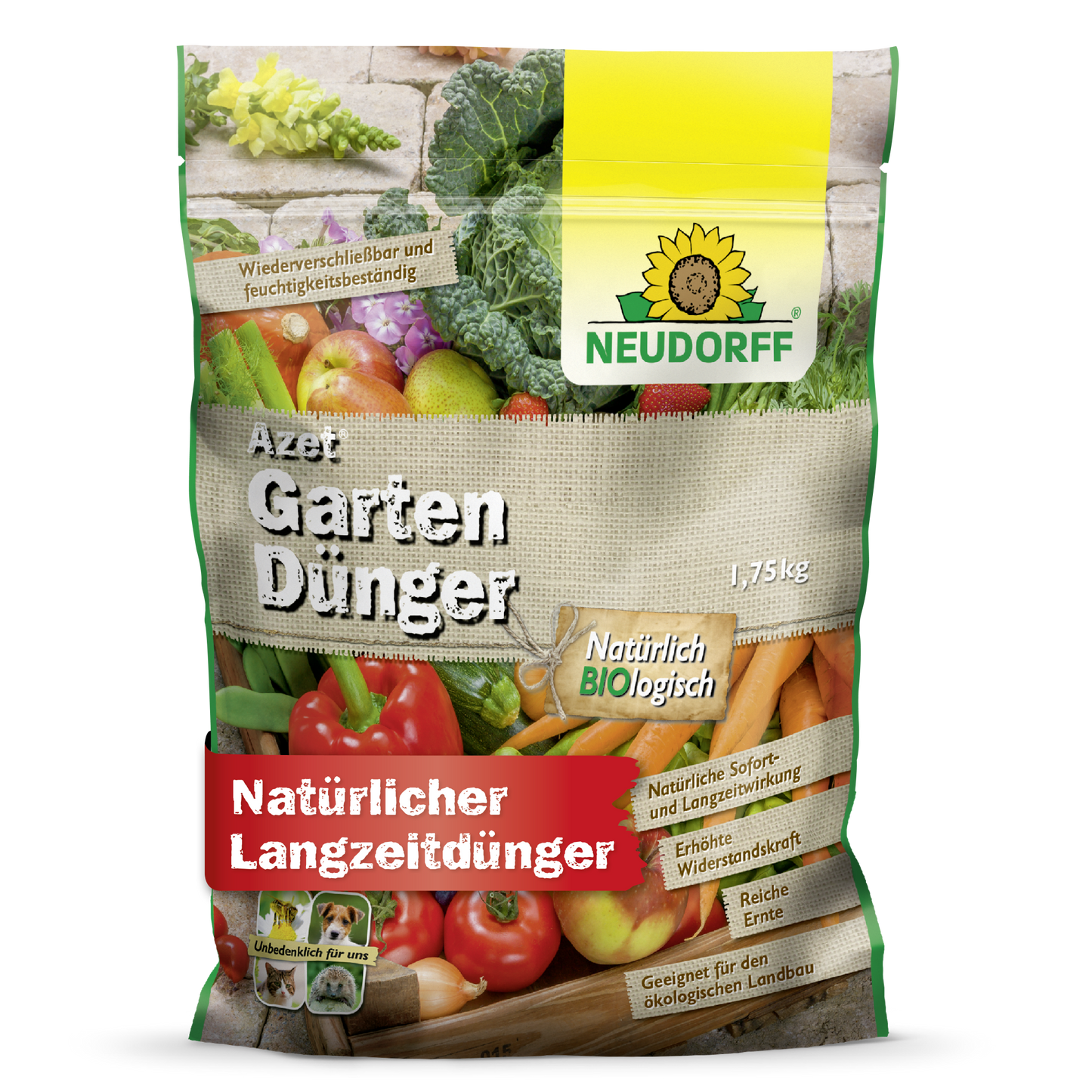 A 1.75 kg bag of Neudorff Shop Azet Garden Fertilizer, an organic complete fertilizer for long-term use in ecological gardening, features vibrant vegetables and a sunflower logo on the green-yellow packaging.