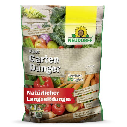 A 1.75 kg bag of Neudorff Shop Azet Garden Fertilizer, an organic complete fertilizer for long-term use in ecological gardening, features vibrant vegetables and a sunflower logo on the green-yellow packaging.