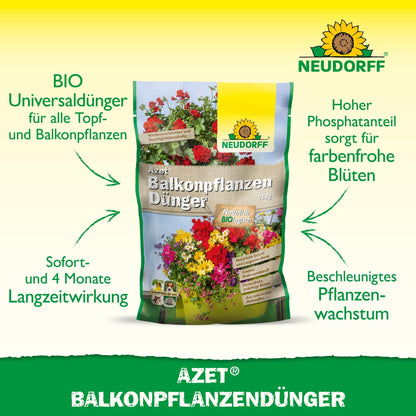 Neudorff Shop Azet Balcony Plant Fertilizer is ideal for summer flowers in balcony boxes and contains high-quality organic complete fertilizers for vigorous growth and vibrant blooms.