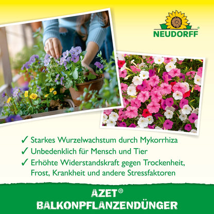 A person plants vibrant summer flowers in a pot. Next to it, blooming petunias are seen in close-up. The text below introduces Azet Balcony Plant Fertilizer from Neudorff Shop, an organic complete fertilizer, perfect for balcony boxes.