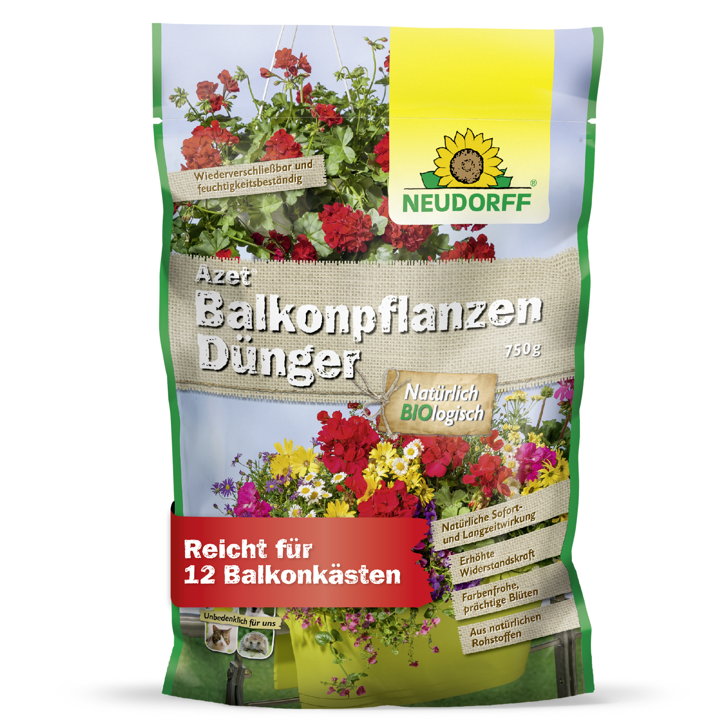 Azet Balcony Plant Fertilizer from Neudorff Shop comes in a 750g bag with pictures of summer flowers, is organic and suitable for up to 12 balcony boxes.