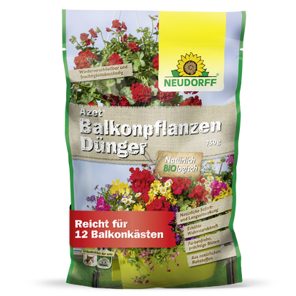 Azet Balcony Plant Fertilizer from Neudorff Shop comes in a 750g bag with pictures of summer flowers, is organic and suitable for up to 12 balcony boxes.