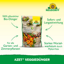 Ein Beutel Azet VeggieDünger von Neudorff Shop ist mit Gemüsebildern abgebildet. Der Text hebt ihn als 100% veganen Dünger für Garten- und Zimmerpflanzen hervor, der eine sofortige Wirkung hat und ein starkes Wurzelwachstum fördert.
