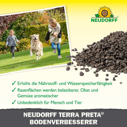 A woman, two children, and a Golden Retriever enjoy a lush lawn; nearby, a rich granular soil appears in close-up. The text promotes the Neudorff Terra Preta Soil Improver from Neudorff Shop for healthy plants and thriving fruits and vegetables.