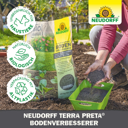 In a garden, the Neudorff Terra Preta Soil Improver from Neudorff Shop is applied with a green shovel into the soil next to the leafy plants. The upright standing bag displays symbols for pet safety, organic content, and recycled packaging.