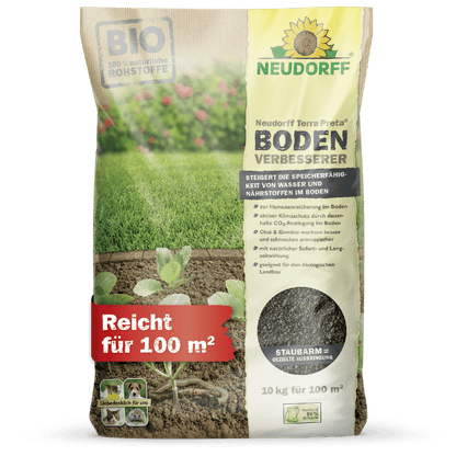 The Terra Preta Soil Improver from Neudorff Shop is an organic soil improver for lawns and fruits, suitable for 100 m². The packaging shows product information and images of grass, soil, and seedlings - perfect for improving your soil.