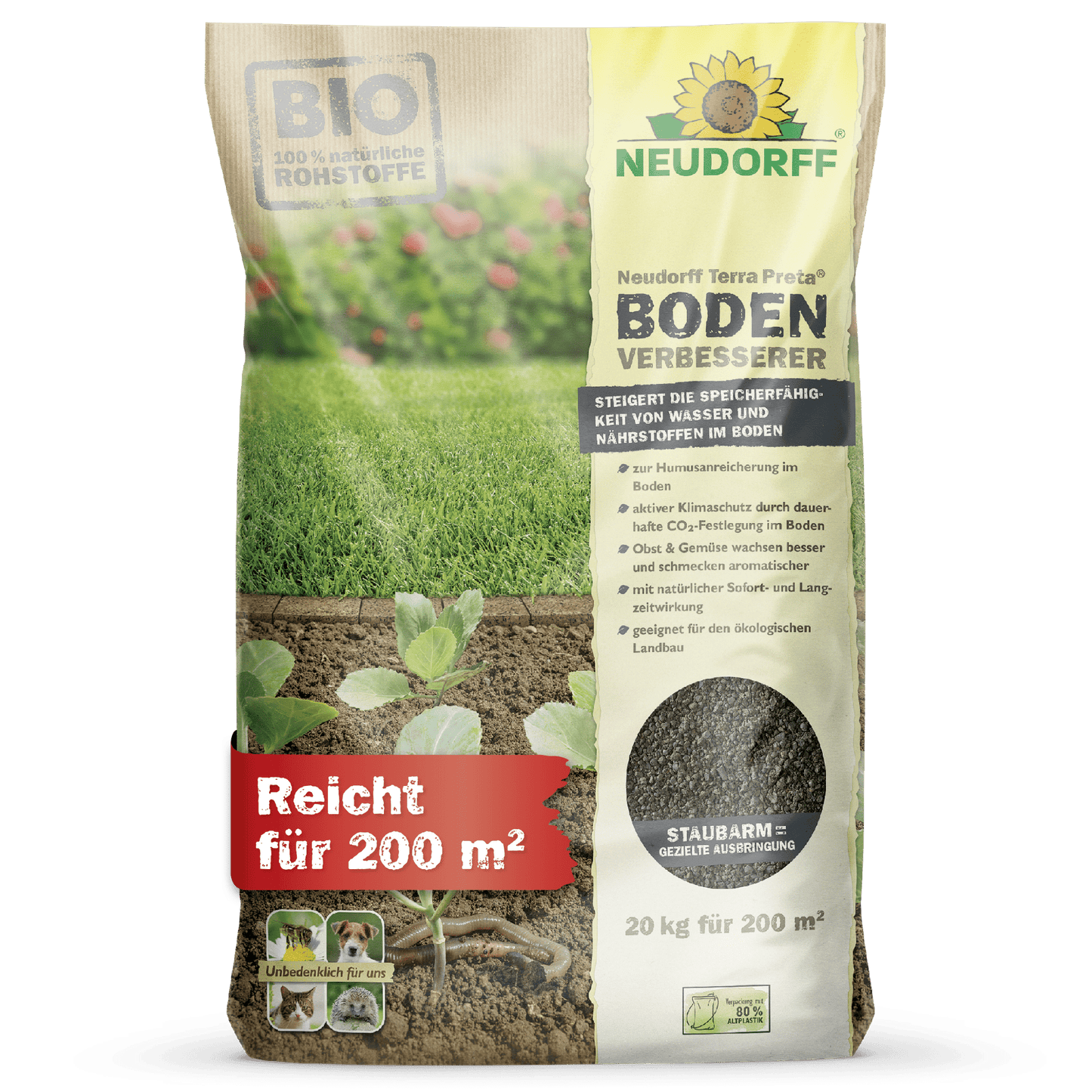 A 20 kg bag of Neudorff Terra Preta Soil Improver from the Neudorff Shop features green and yellow branding, images of soil, plants, and fruits, the red text "Covers 200 m²" and highlights biological, natural ingredients for soil improvement.