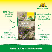 Azet Lavender Fertilizer from the Neudorff Shop is pictured in the center. The green text highlights the organic formula, long-lasting effect, intense fragrance, bright blue-violet flowers, and improved growth for drought-tolerant shrubs.