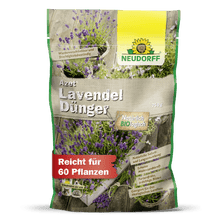 A 750g bag of Neudorff Shop Azet Lavender Fertilizer, with lavender and blue-purple flowers on the packaging. This organic fertilizer nourishes up to 60 plants and promotes robust, drought-tolerant shrub growth.
