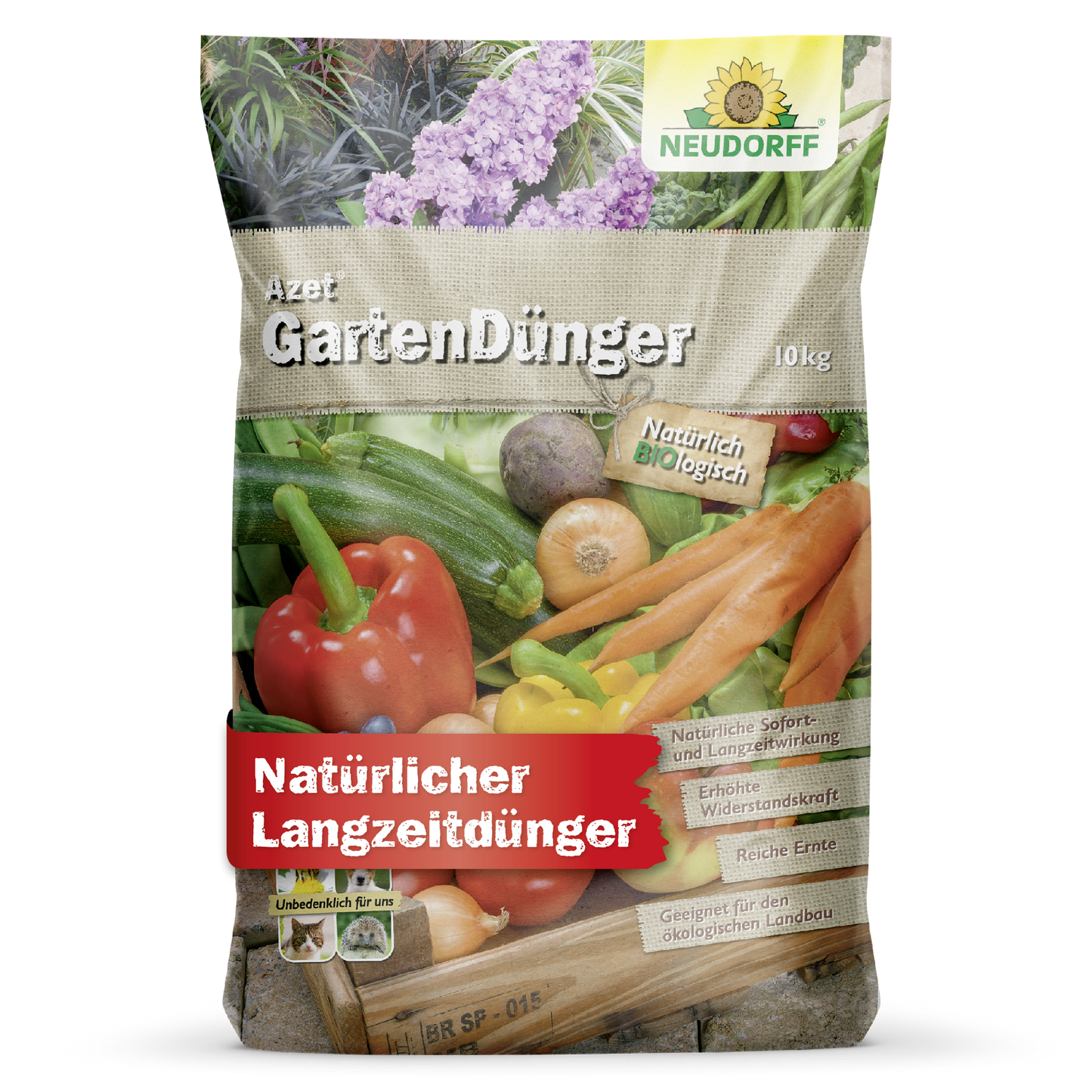 A 10 kg bag of Neudorff Shop Azet Garden Fertilizer with images of vegetables and herbs and a text highlighting the organic, long-lasting formula - perfect for fertilizing your plants.