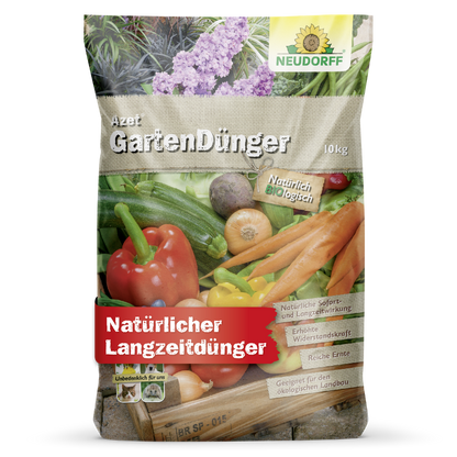 A 10 kg bag of Neudorff Shop Azet Garden Fertilizer with images of vegetables and herbs and a text highlighting the organic, long-lasting formula - perfect for fertilizing your plants.