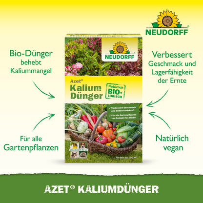 Abgebildet ist eine Schachtel Neudorff Shop Azet KaliumDünger mit Pfeilen und Text, der die Vorteile hervorhebt, wie z. B. die Korrektur von Kaliummangel, die Eignung für alle Pflanzen, die Verbesserung der Ernten und eine vegane Formel.