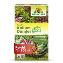 Azet Potassium Fertilizer from the Neudorff Shop is an organic fertilizer for all garden plants, prevents potassium deficiency, covers up to 100 m², and shows pictures of vegetables and flowers - ideal for fertilizing plants.