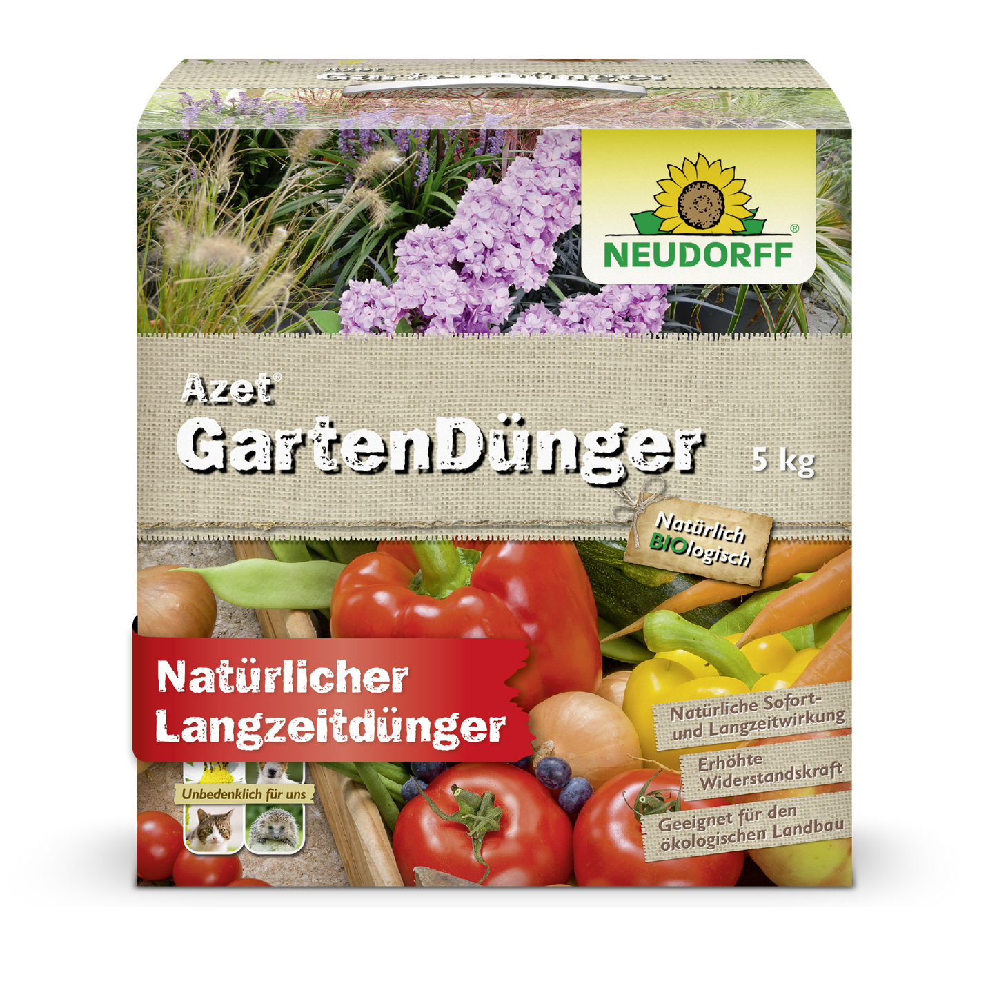 A 5 kg box of Neudorff Shop Azet Garden Fertilizer, labeled as natural and organic with images of flowers and vegetables, suitable for use as an organic complete fertilizer in gardening. The main text is in German.