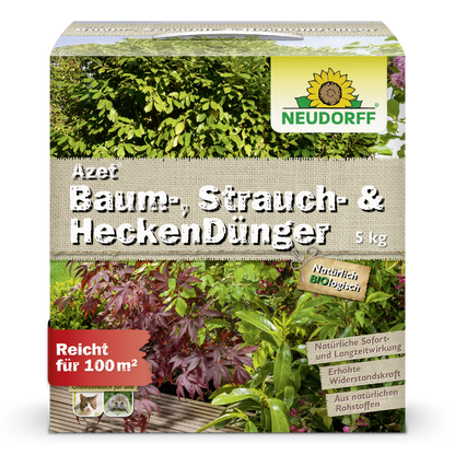 Eine 5 kg Kiste Neudorff Shop Azet Baum-, Strauch- & HeckenDünger, ein organischer Dünger für Bäume, Sträucher und Hecken im Garten. Die Verpackung zeigt Grünpflanzen und deckt bis zu 100 m² ab.