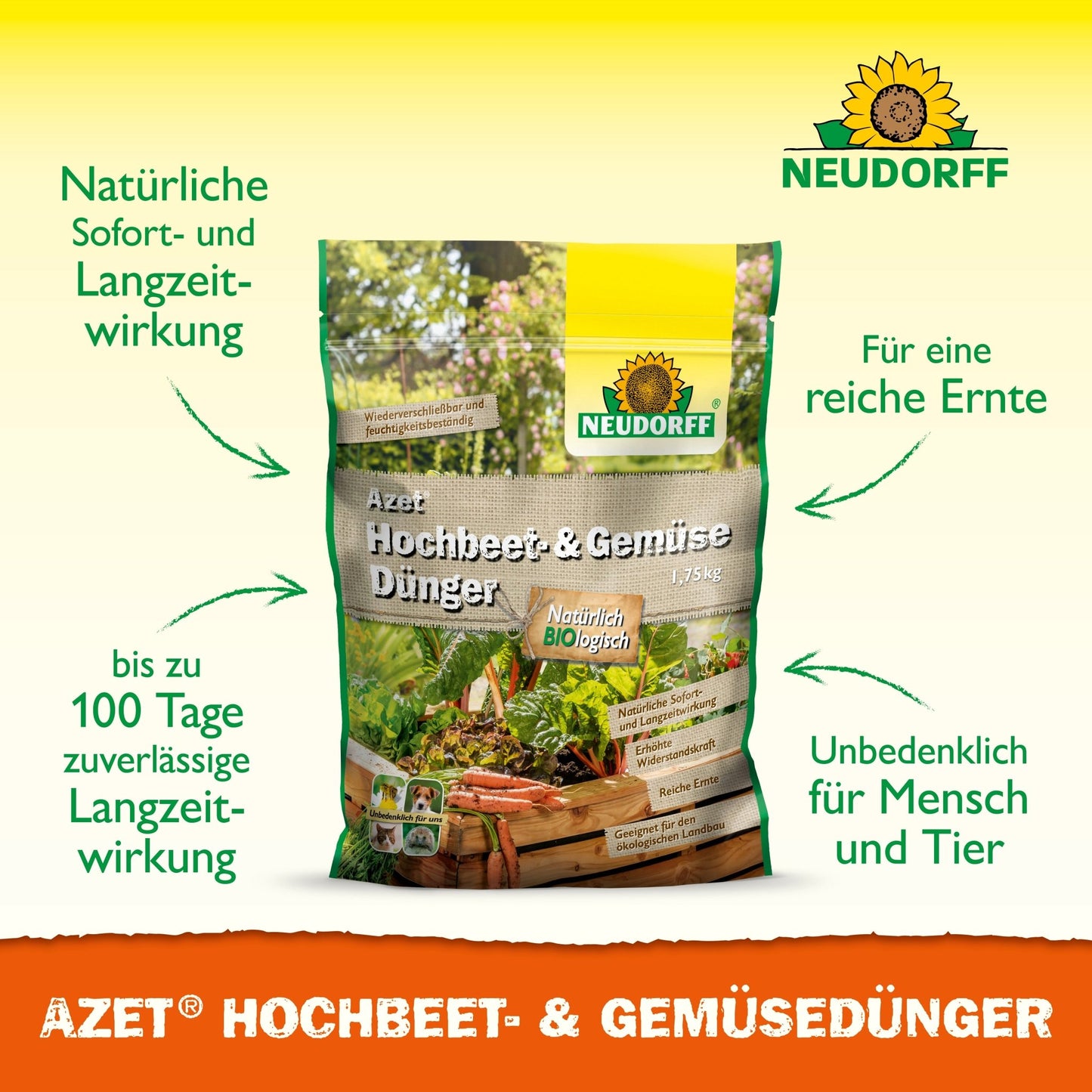 A bag of Neudorff Shop Azet Raised Bed & Vegetable Fertilizer stands upright, with green text about the natural long-term effect, the safe application near humans and animals, and the improved yield. Images of vegetables and herbs adorn the background.