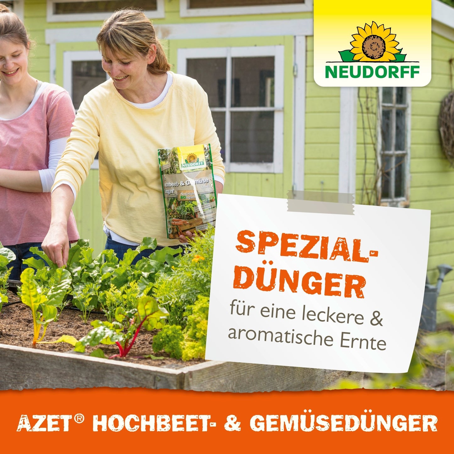 Two women are gardening in a raised bed in front of a greenhouse, taking care of vegetables and herbs. One holds a bag of Azet Raised Bed & Vegetable Fertilizer from the Neudorff Shop. The advertisement text for this Neudorff special fertilizer appears in the image.