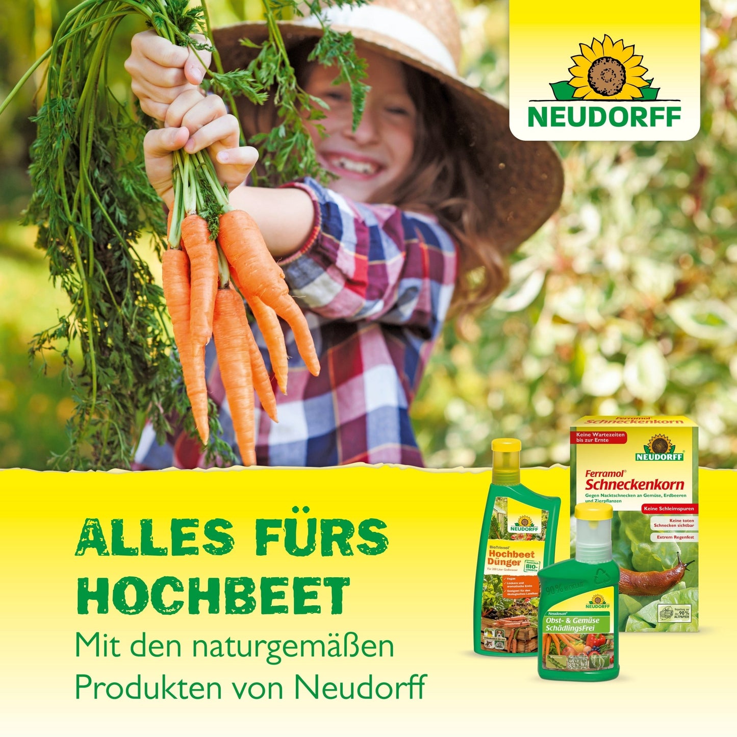 A smiling child with a hat holds fresh carrots - perfect for the raised bed! In the foreground: Neudorff Shop Azet Raised Bed & Vegetable Fertilizer with German labeling, ideal for vegetables, herbs, and natural, organic fertilization.