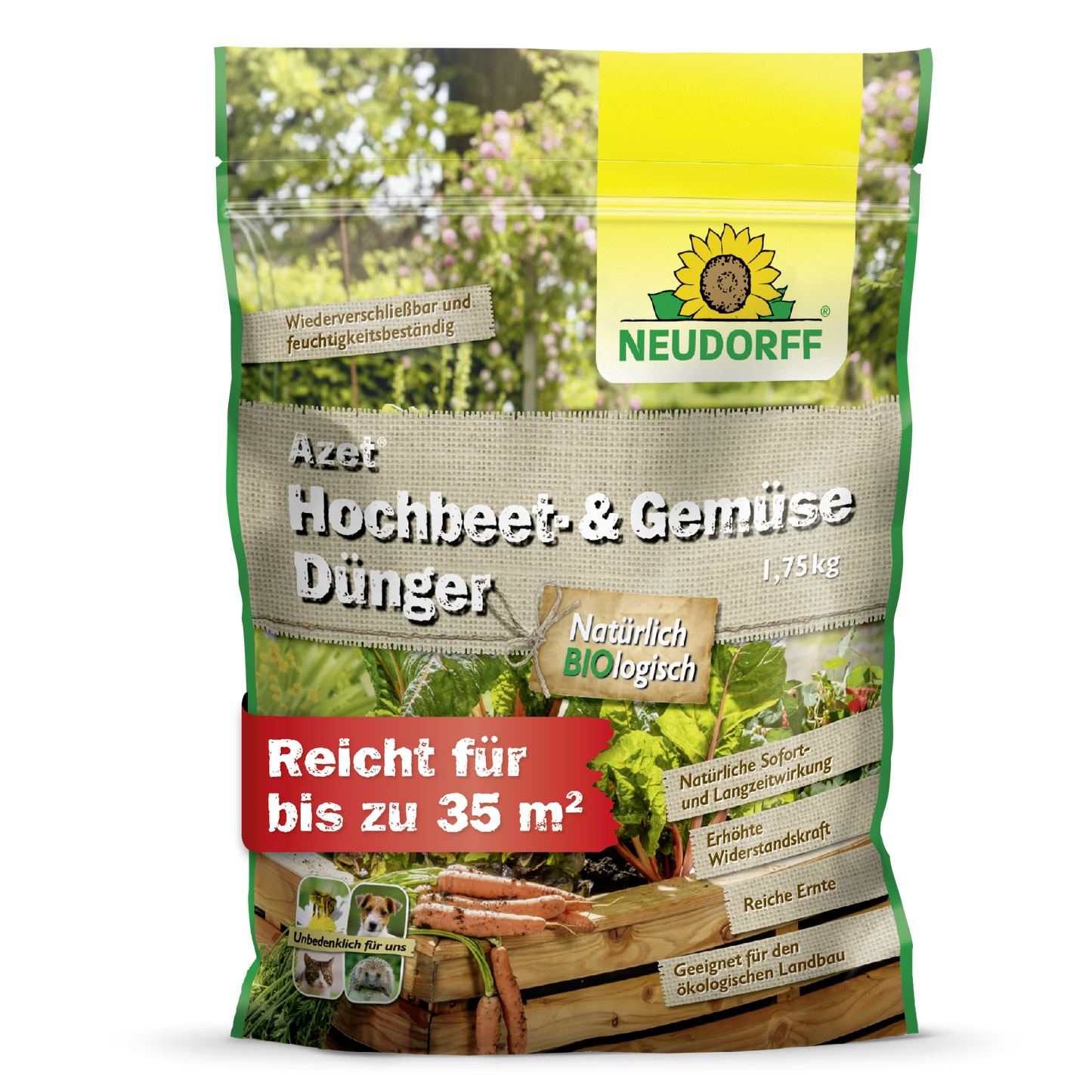 A 1.75 kg bag of Neudorff Shop Azet Raised Bed & Vegetable Fertilizer stands upright in a green-beige packaging with vegetables, a raised bed, and text indicating its use for vegetables and herbs and its organic qualities.