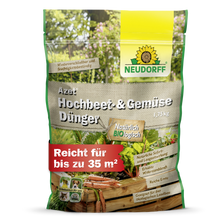 A 1.75 kg bag of Neudorff Shop Azet Raised Bed & Vegetable Fertilizer stands upright in a green-beige packaging with vegetables, a raised bed, and text indicating its use for vegetables and herbs and its organic qualities.