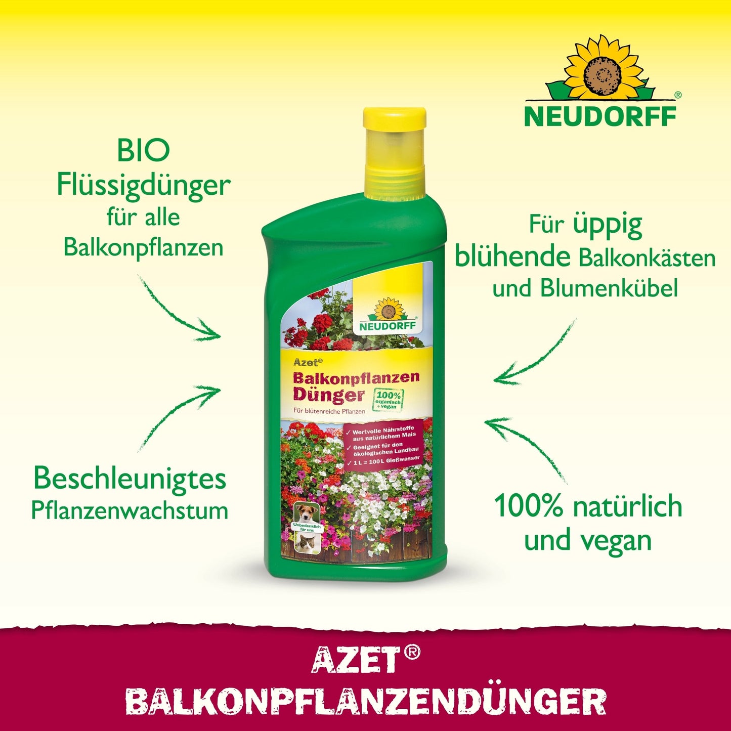 The green-yellow bottle of Neudorff Shop Azet Liquid Balcony Plant Fertilizer highlights rapid growth, lush summer blooms, suitability for all window boxes, and the 100% natural, vegan formula.