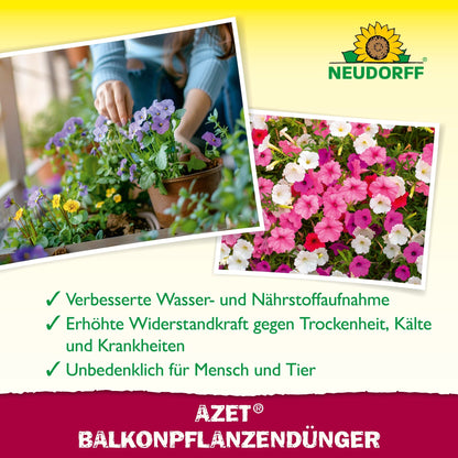 A person plants vibrant summer flowers in a rectangular balcony planter with blooming pink, white, and violet flowers. Green check marks highlight the benefits of Azet Liquid Balcony Plant Fertilizer. The Neudorff Shop logo appears at the top.