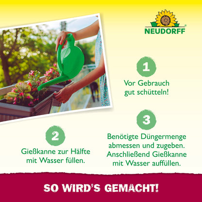 A person waters summer flowers in window boxes with a green watering can. The Azet Liquid Balcony Plant Fertilizer mixing stages 1-3 from Neudorff Shop are shown in bright colors with a sunflower logo at the top right.
