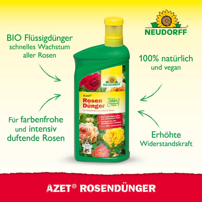 A green bottle of Neudorff Shop Azet Liquid Rose Fertilizer with a yellow cap stands on a white background, displaying product details and roses. It highlights the natural, vegan, and fast-acting benefits - ideal for feeding roses.