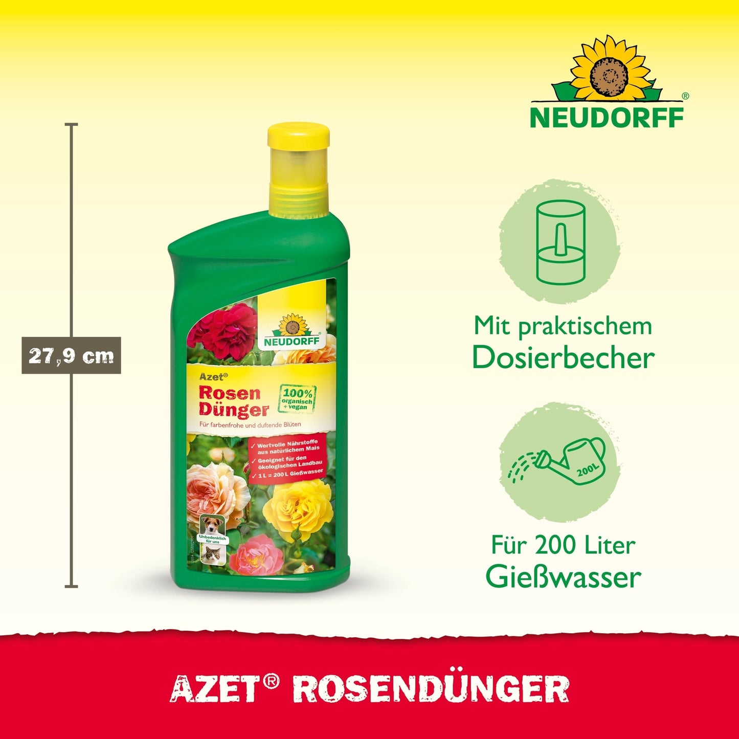A 27.9 cm tall Azet Liquid Rose Fertilizer bottle from Neudorff Shop with a yellow cap, rose motifs, a measuring cup symbol, and enough liquid for 200 L - ideal for rose fertilization.