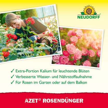 A woman smiles among blooming roses in a garden, fertilizing with Neudorff Shop Azet Liquid Rose Fertilizer. Next to her appears a close-up of pink roses, while the text below describes the benefits for healthy, vibrant rose growth.