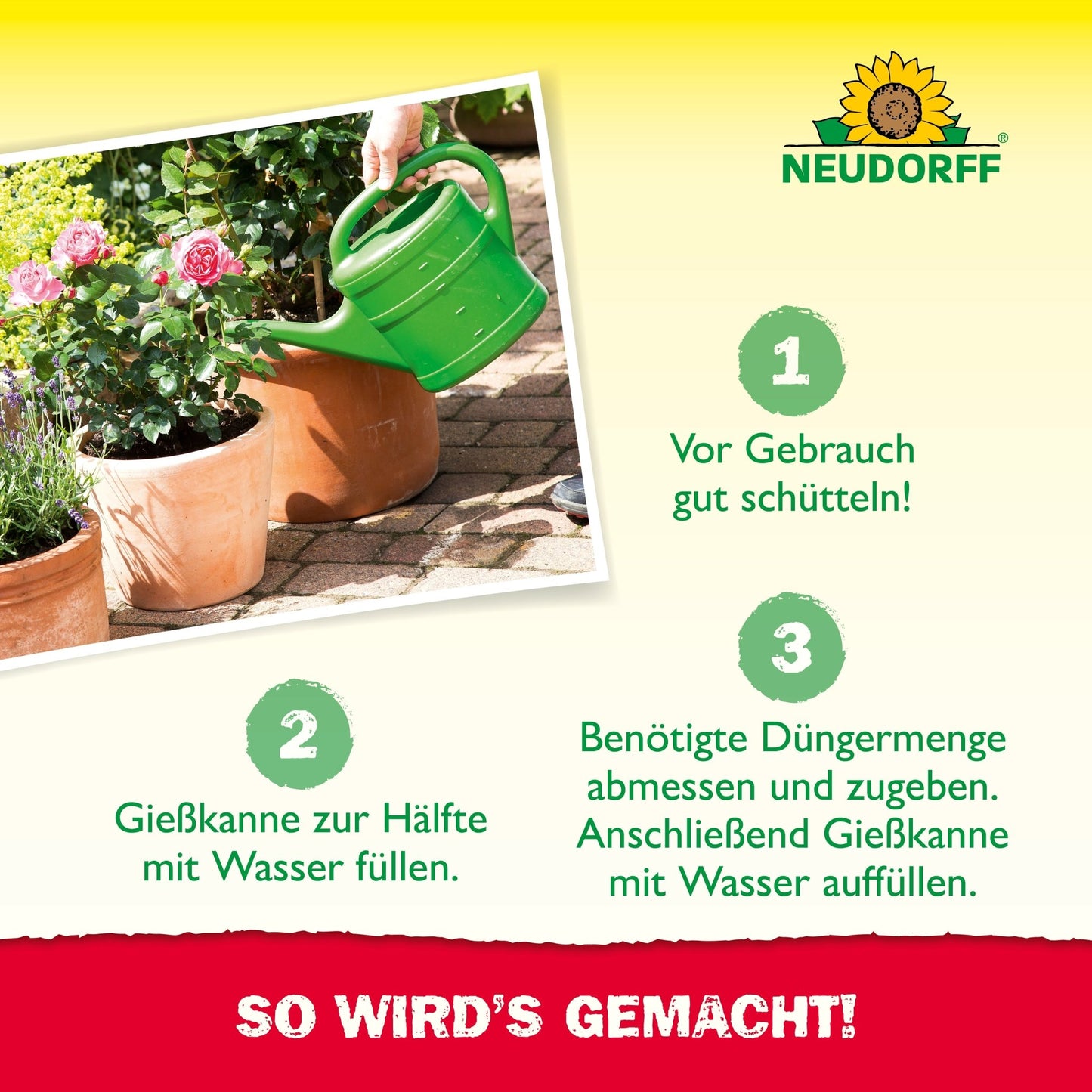 A person mixes Azet Liquid Rose Fertilizer with water in a green watering can, following the German instructions with numbered steps. The Neudorff Shop logo is displayed at the top right.