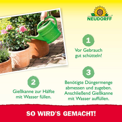 A person mixes Azet Liquid Rose Fertilizer with water in a green watering can, following the German instructions with numbered steps. The Neudorff Shop logo is displayed at the top right.