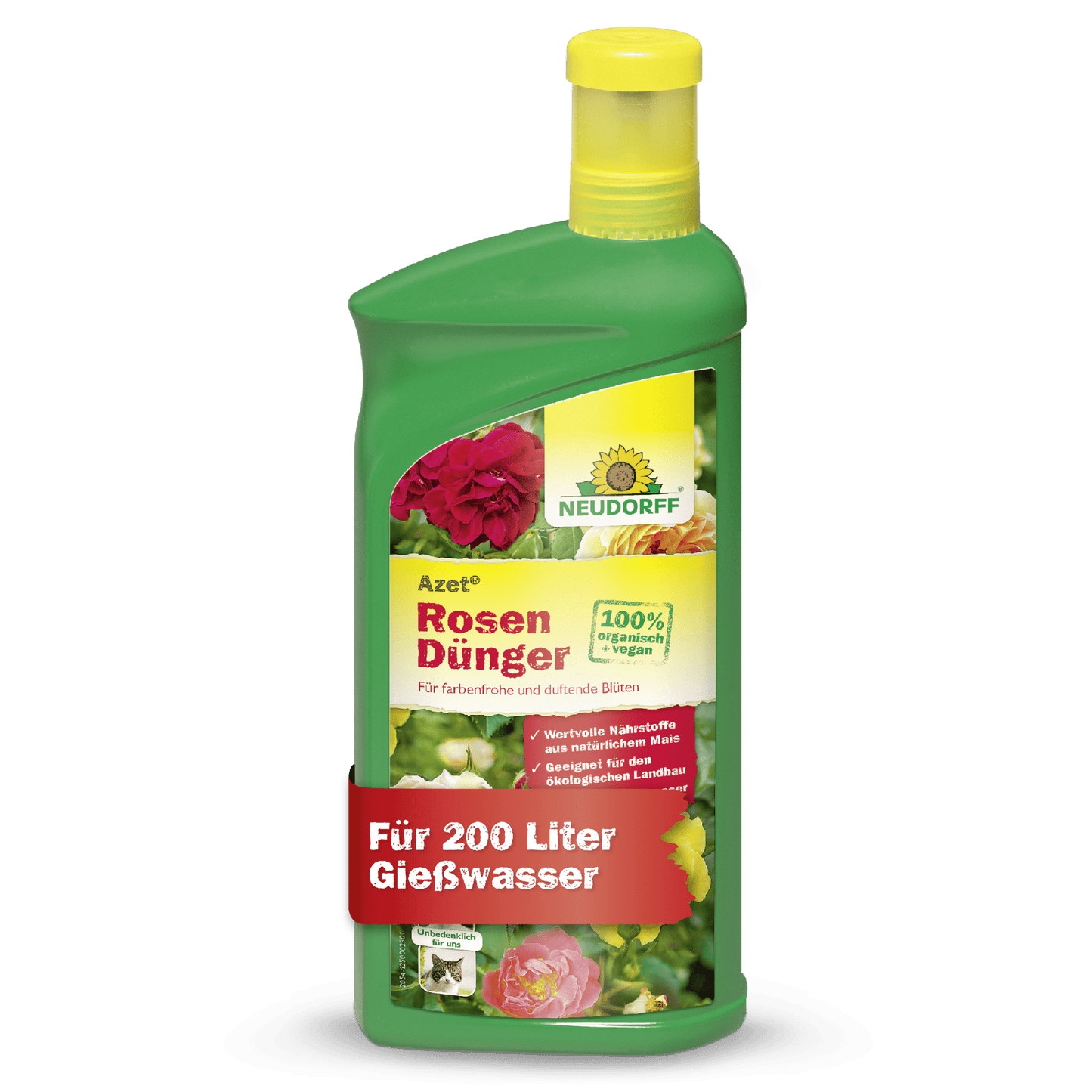 A green plastic bottle of Azet Liquid Rose Fertilizer from Neudorff Shop, a liquid rose fertilizer. The label features roses and product details, indicating that it makes 200 liters of watering solution for optimal rose care.