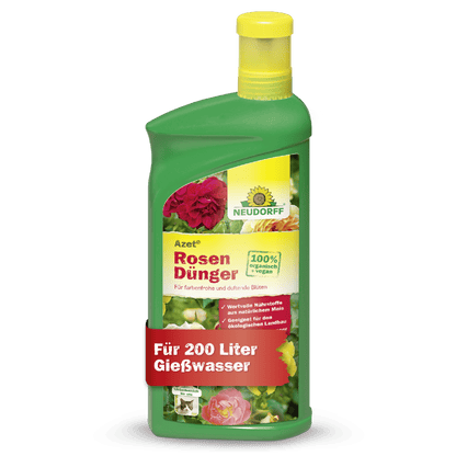 A green plastic bottle of Azet Liquid Rose Fertilizer from Neudorff Shop, a liquid rose fertilizer. The label features roses and product details, indicating that it makes 200 liters of watering solution for optimal rose care.