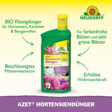 A green bottle of Neudorff Shop Azet Hydrangea Fertilizer liquid with hydrangeas on the label and text promoting its benefits as an organic fertilizer for vibrant blooms and lush foliage.