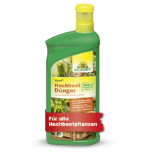 A green plastic bottle of Neudorff Shop Azet Raised Bed Fertilizer liquid with a yellow cap, labeled with 100% organic, nutrient-rich, ideal for raised bed plants and with vegetables on the front.