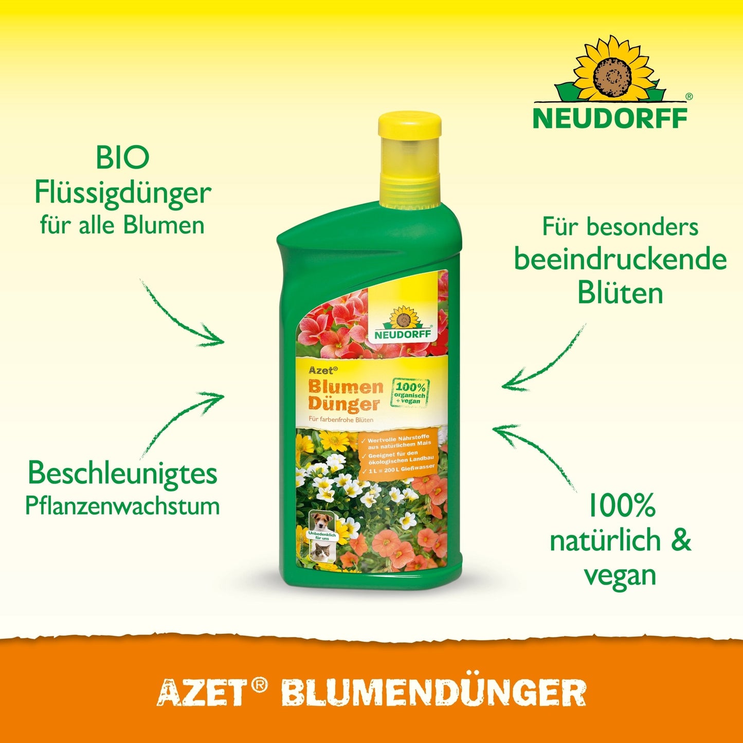 Pictured is a green bottle of Neudorff Shop Azet Liquid Flower Fertilizer, highlighting its organic, vegan, and natural properties for healthy plant growth. The label features colorful flowers.