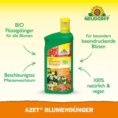 Pictured is a green bottle of Neudorff Shop Azet Liquid Flower Fertilizer, highlighting its organic, vegan, and natural properties for healthy plant growth. The label features colorful flowers.