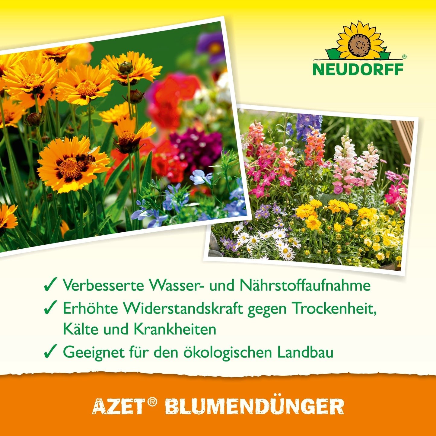 An advertisement image for Azet Liquid Flower Fertilizer from Neudorff Shop shows colorful blooms and lists benefits such as healthier plant growth and suitability for organic cultivation in German.