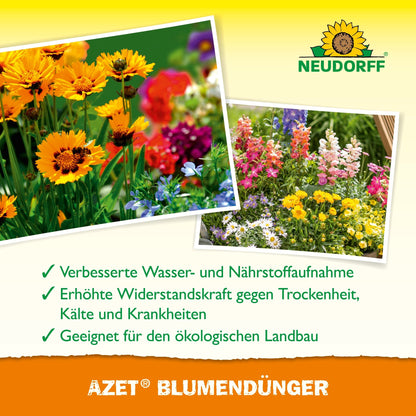 An advertisement image for Azet Liquid Flower Fertilizer from Neudorff Shop shows colorful blooms and lists benefits such as healthier plant growth and suitability for organic cultivation in German.