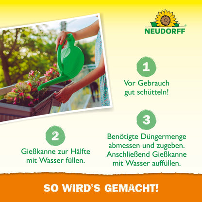 A person uses a green watering can on a balcony. The Azet Liquid Flower Fertilizer from Neudorff Shop comes with German instructions and the Neudorff logo, offering a simple step-by-step guide for healthy plant growth.