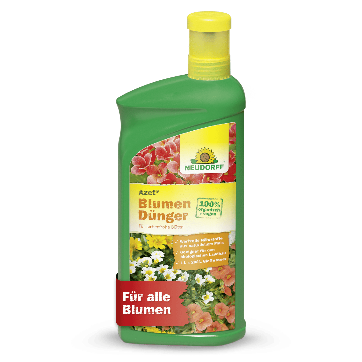 A green plastic bottle of Neudorff Shop Azet Liquid Flower Fertilizer with a yellow cap, flower label, German text, and a "100% Bio" badge. This liquid fertilizer supports the healthy growth of all flowers.