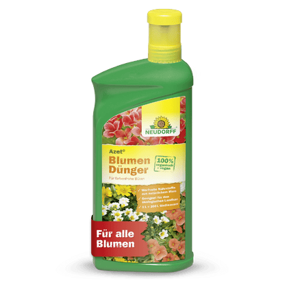 A green plastic bottle of Neudorff Shop Azet Liquid Flower Fertilizer with a yellow cap, flower label, German text, and a "100% Bio" badge. This liquid fertilizer supports the healthy growth of all flowers.