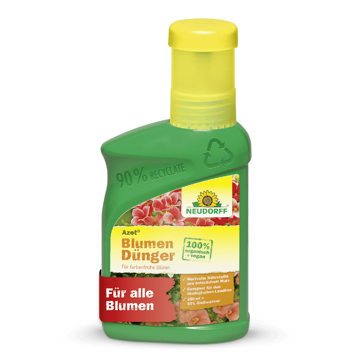 The green-yellow bottle of Azet Liquid Flower Fertilizer from Neudorff Shop is 100% vegan, promotes healthy plant growth, and features pink flowers and a red "For all flowers" banner.